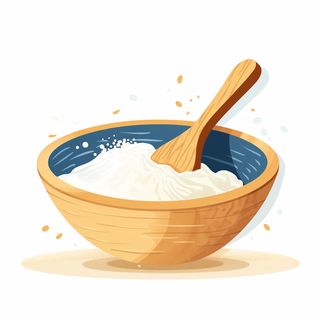 A bowl of dry baking ingredients being stirred with a wooden spoon.