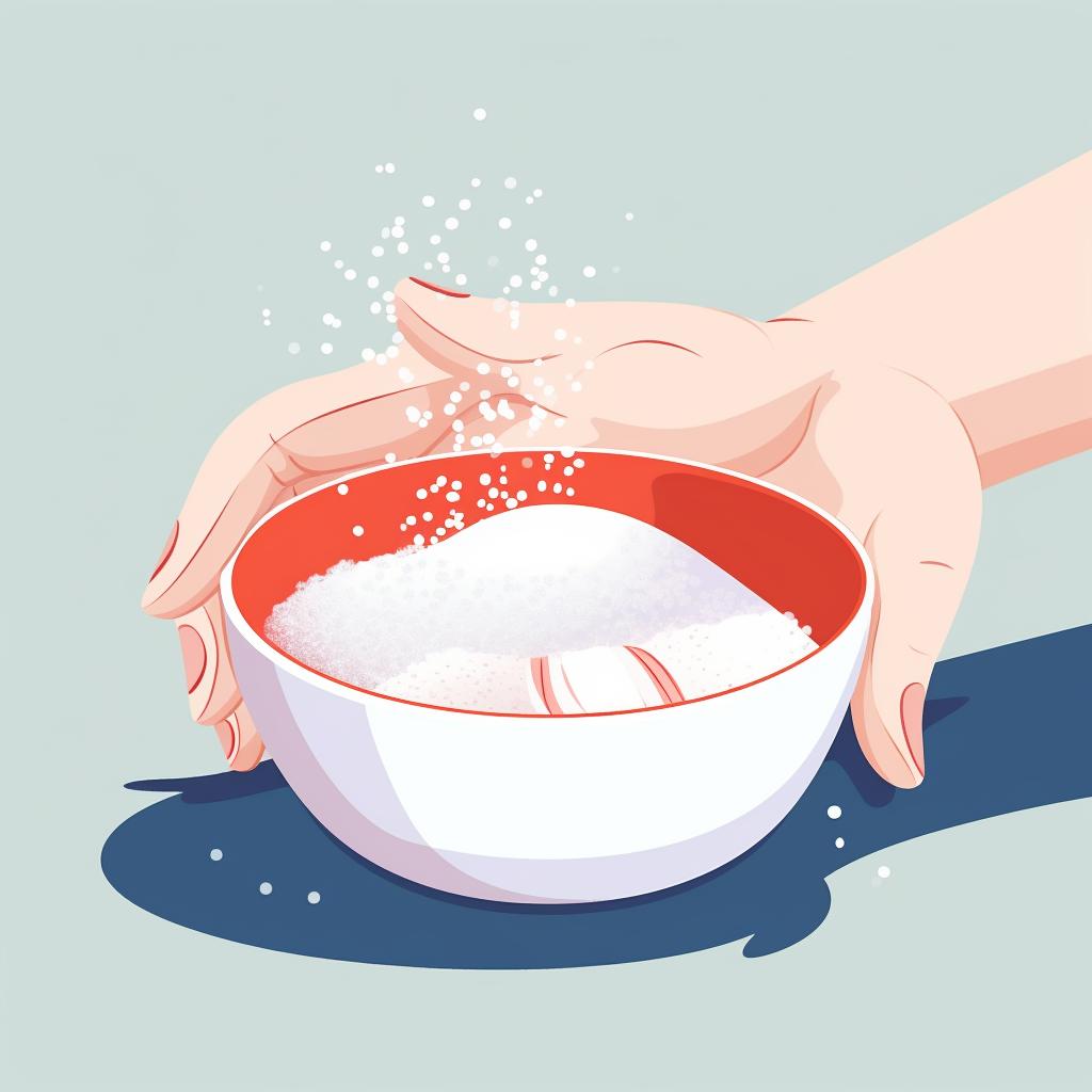 A hand holding a pinch of fine sea salt over a bowl of baking ingredients.