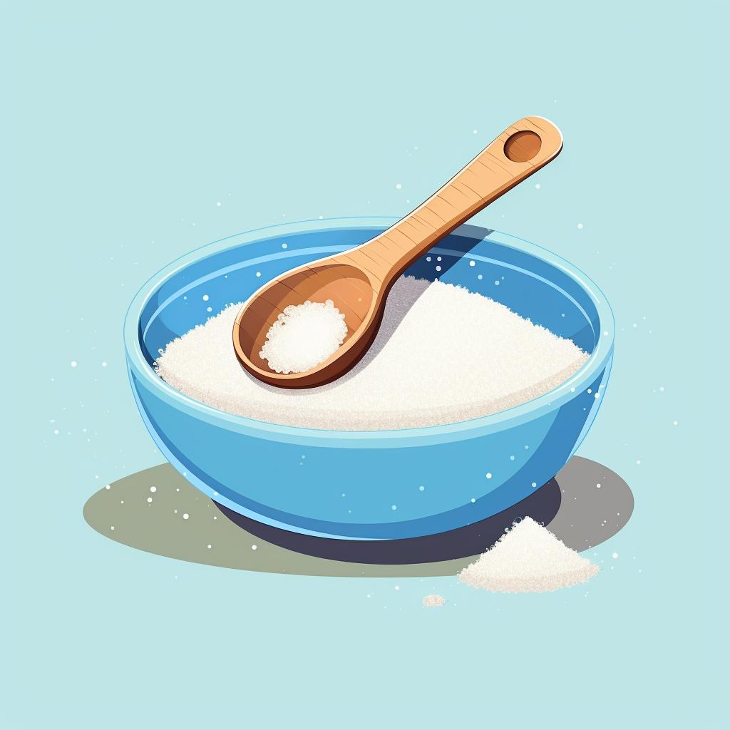 A measuring spoon filled with salt over a bowl of baking ingredients.